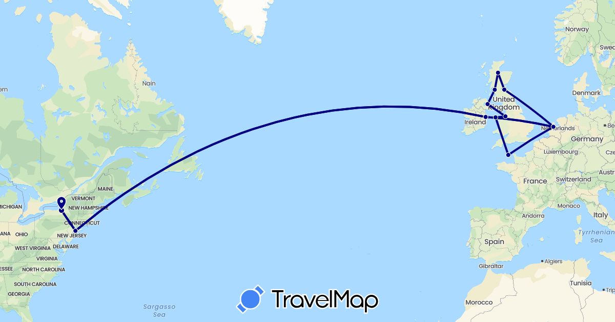 TravelMap itinerary: driving in United Kingdom, Guernsey, Ireland, Netherlands, United States (Europe, North America)